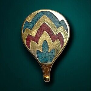 Vintage Hot Air Balloon Lapel Pin Gold Tone Terrazzo Inlay Turquoise Pink 1in